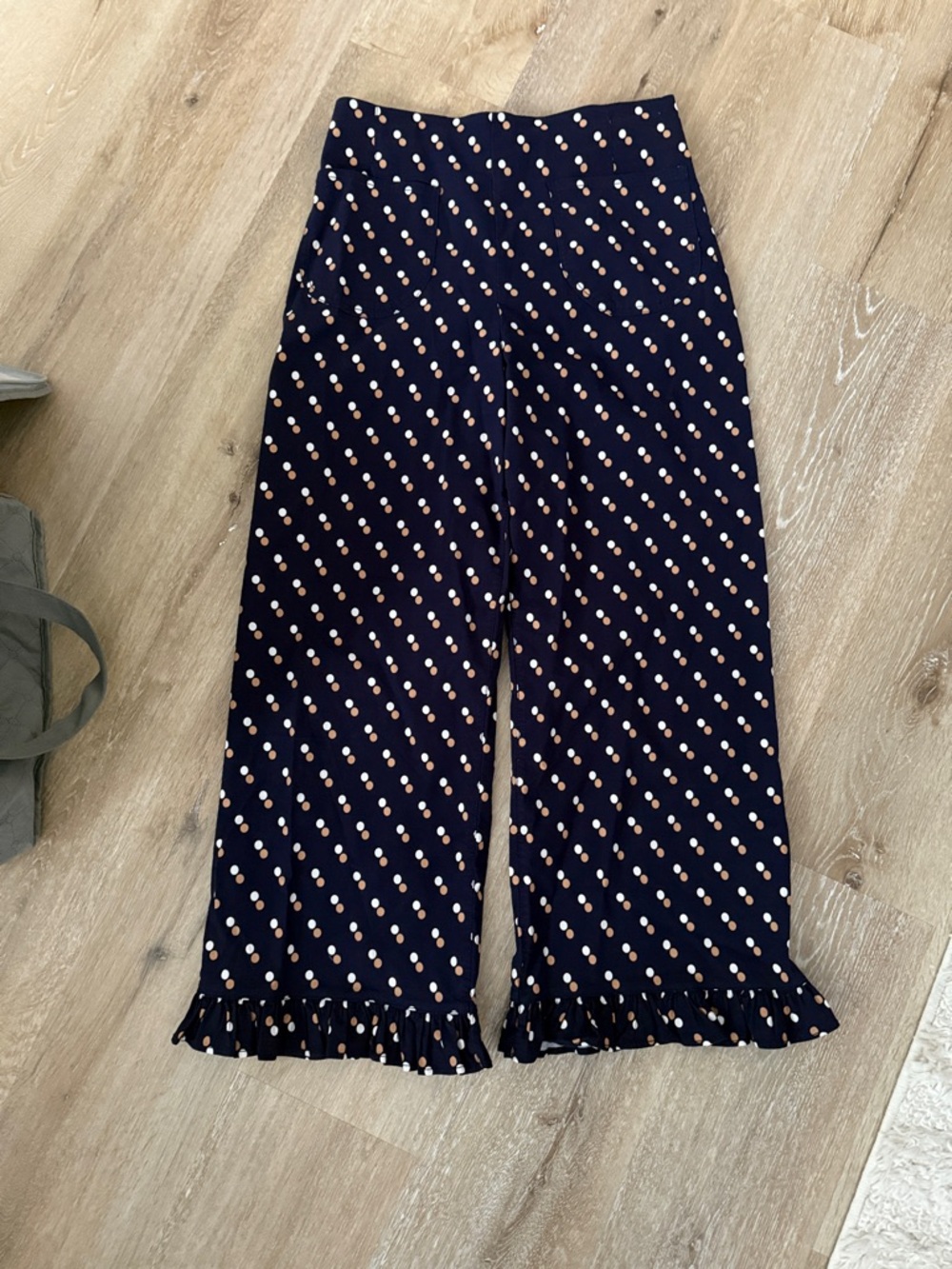 Maeve Navy Polka Dot Wide Leg Pants with Ruffle Hem